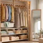 Organized studio apartment closet with double-hang rod and hanging shelves.