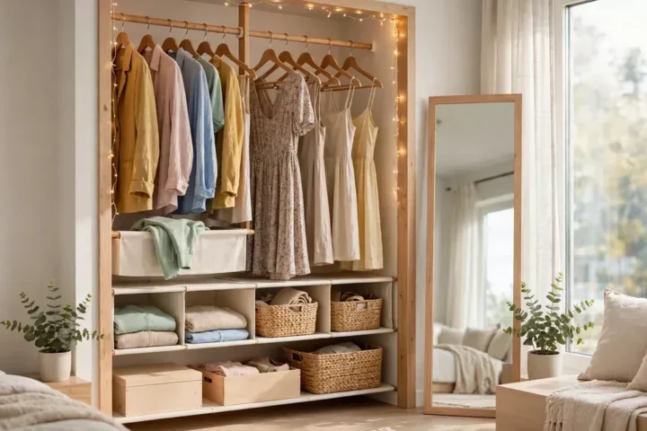 Organized studio apartment closet with double-hang rod and hanging shelves.