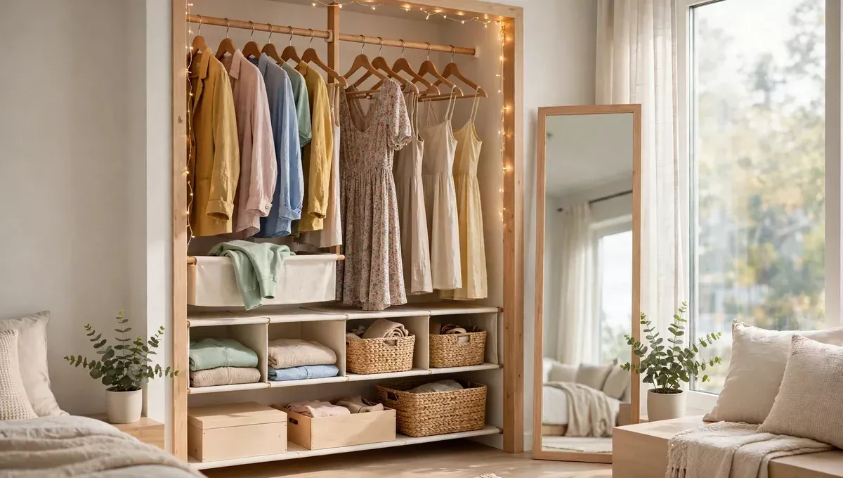 Organized studio apartment closet with double-hang rod and hanging shelves.