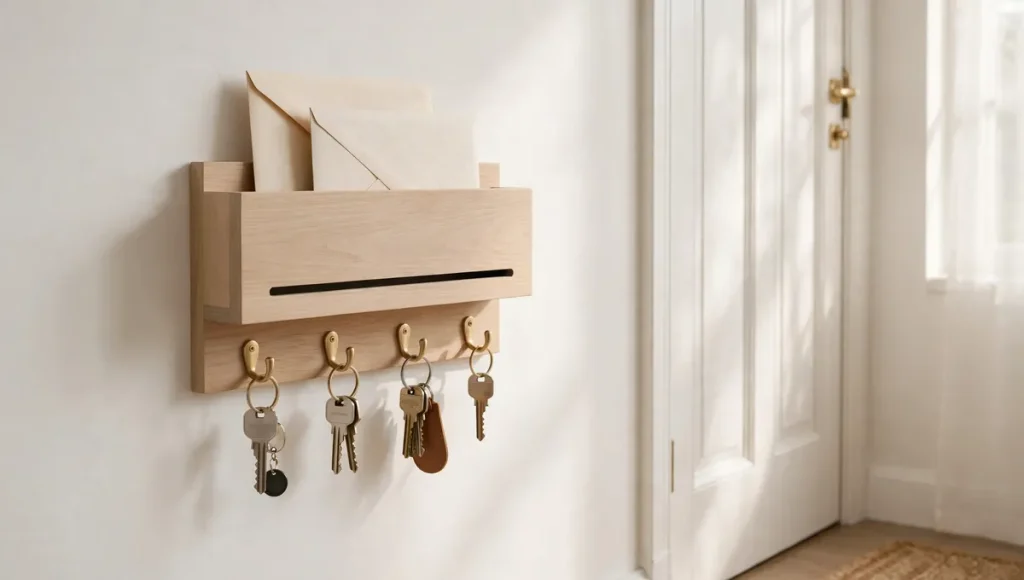 small entryway ideas on a budget: Wall-mounted light wood key and mail organiser with brass hooks holding keys and envelopes next to front door