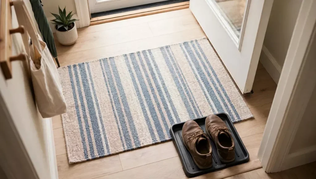 Small washable entryway rug with shoes on a boot tray