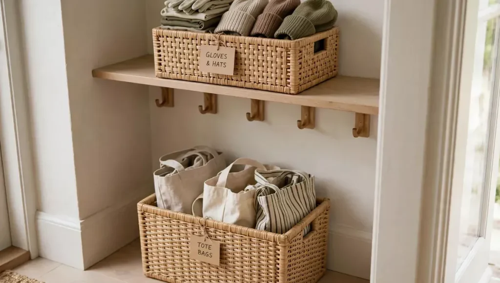 Two woven storage baskets with lids in entryway, top basket labeled gloves and hats on shelf, bottom basket labeled tote bags on floor